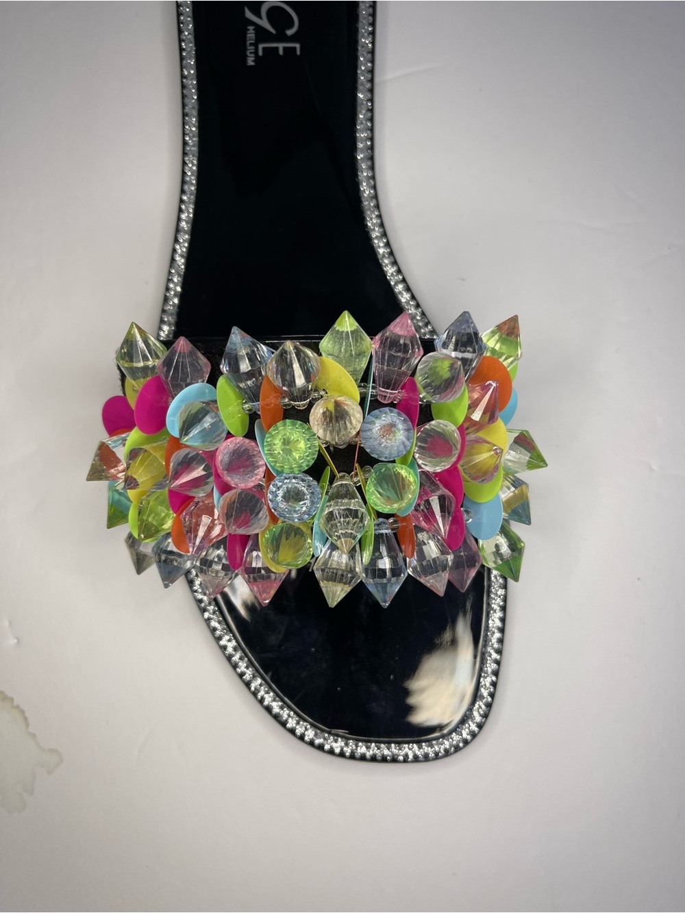 Rouge Helium Slide Sandals Women’s 10 Black Multicolor Jewel Gems Rhinestones - Picture 10 of 14
